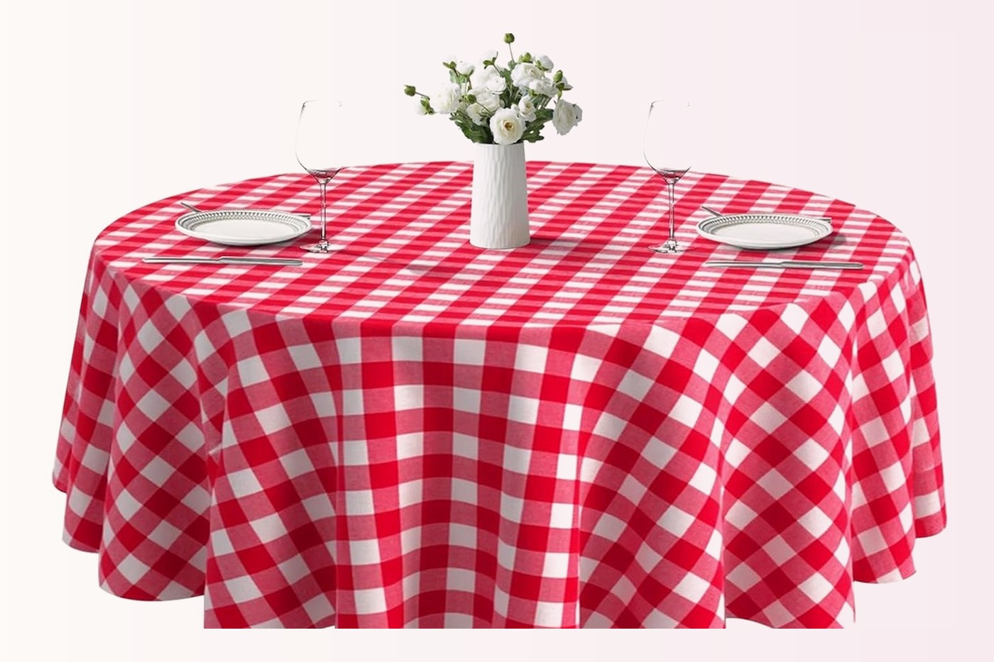Round table dressed in a ZHZJCKSHB gingham checkered disposable tablecloth