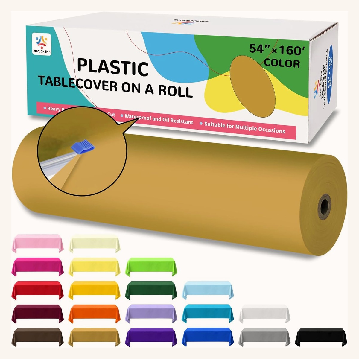 54 inch by 160 feet disposable table cover roll in gold with colour swatches