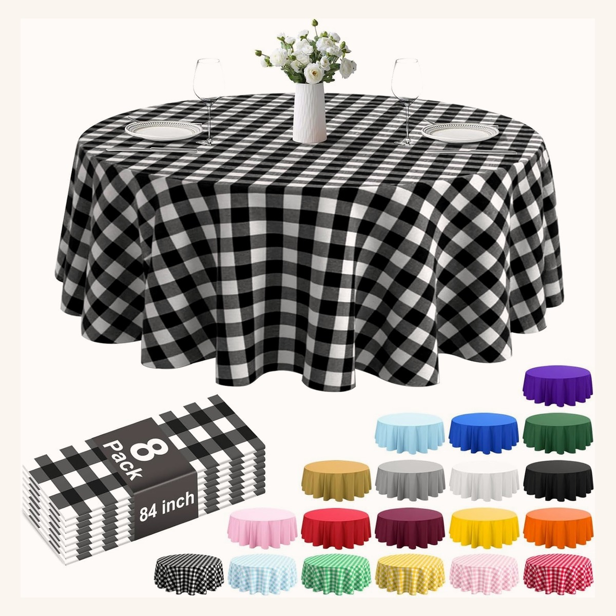 Round black and white gingham disposable tablecloth on an 84 inch table