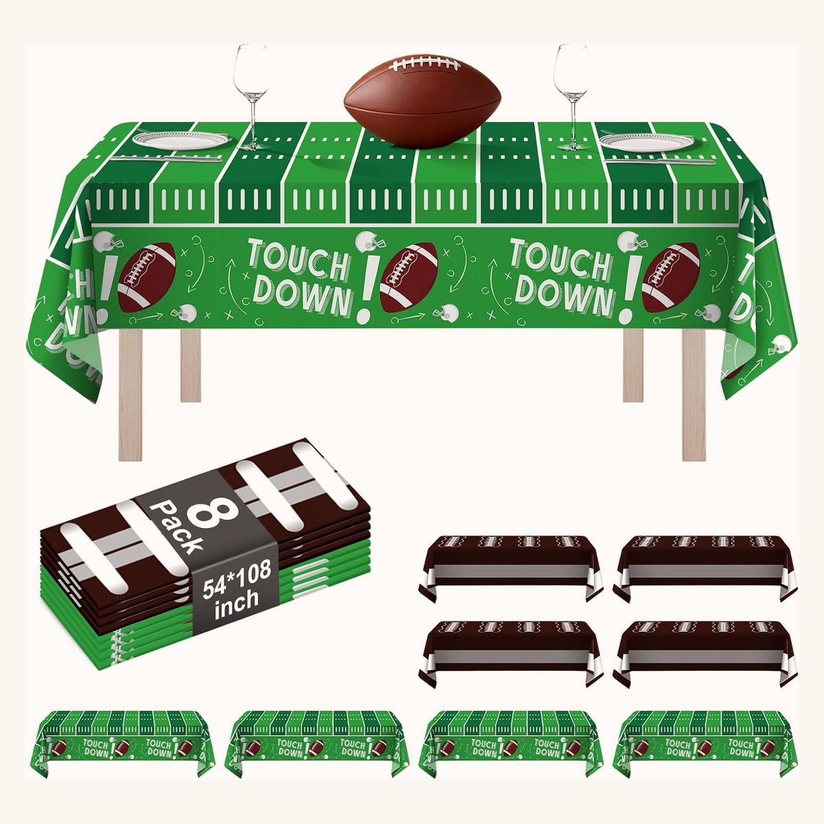 Rectangular disposable tablecloth with a football field print, 54 by 108 inch