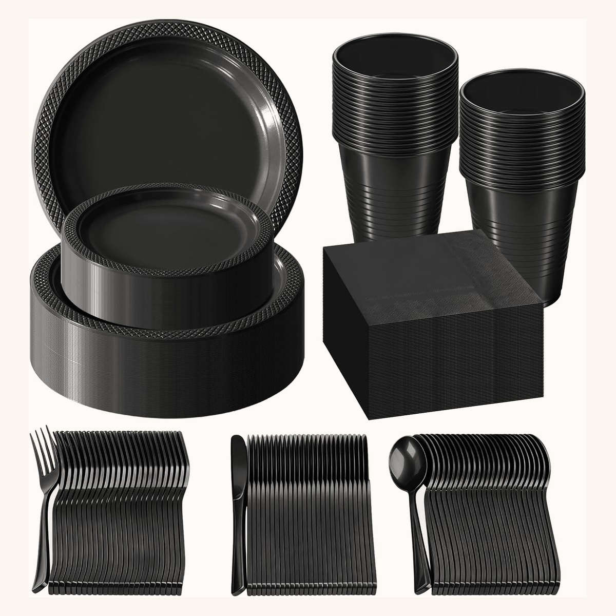 350 piece black plastic dinnerware set with plates, cups and cutlery
